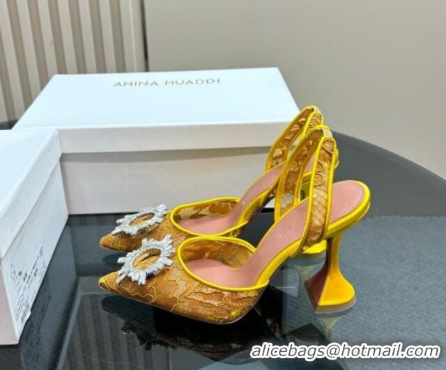 Purchase Amina Muaddi Begum Embellished Slingback Pumps 9.8 cm in Lace and Strass Buckle Yellow 0219030