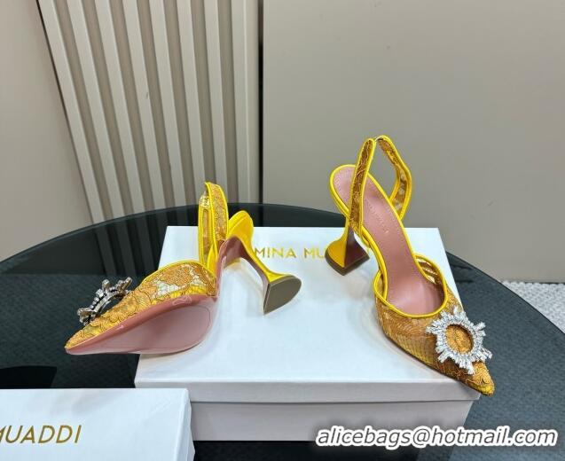 Purchase Amina Muaddi Begum Embellished Slingback Pumps 9.8 cm in Lace and Strass Buckle Yellow 0219030