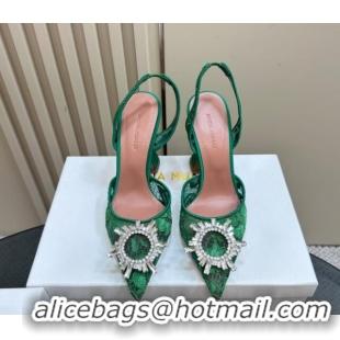 Good Quality Amina Muaddi Begum Embellished Slingback Pumps 9.8 cm in Lace and Strass Buckle Green 0219031