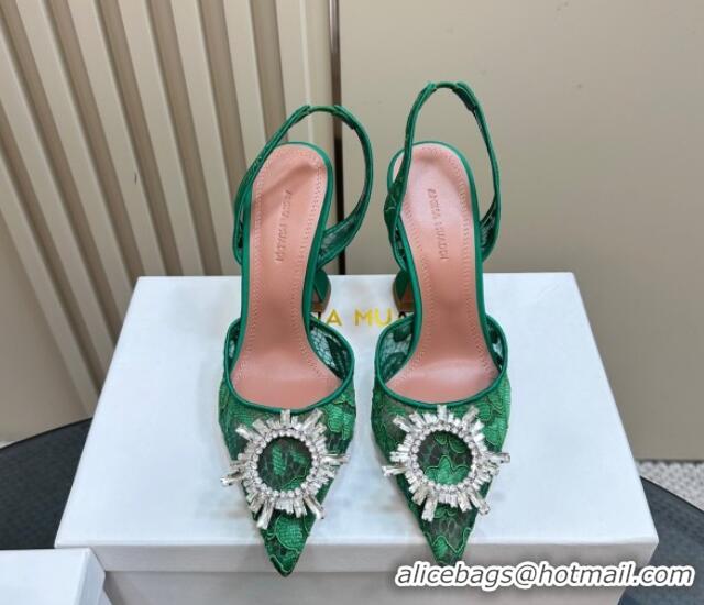 Good Quality Amina Muaddi Begum Embellished Slingback Pumps 9.8 cm in Lace and Strass Buckle Green 0219031