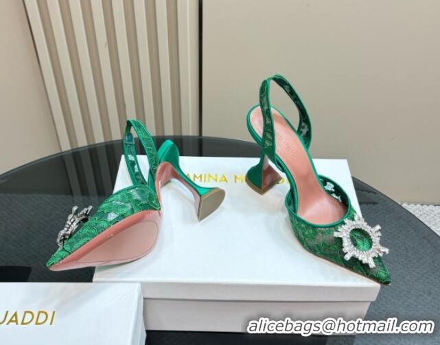 Good Quality Amina Muaddi Begum Embellished Slingback Pumps 9.8 cm in Lace and Strass Buckle Green 0219031