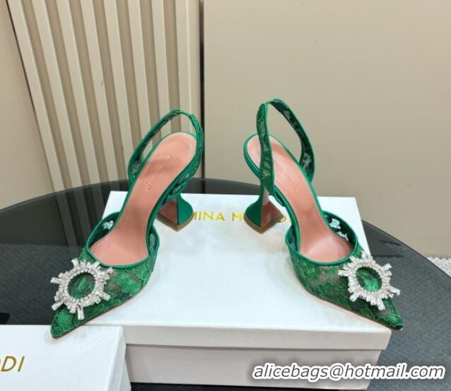 Good Quality Amina Muaddi Begum Embellished Slingback Pumps 9.8 cm in Lace and Strass Buckle Green 0219031