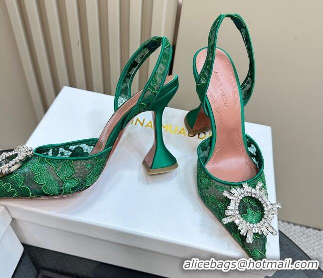 Good Quality Amina Muaddi Begum Embellished Slingback Pumps 9.8 cm in Lace and Strass Buckle Green 0219031