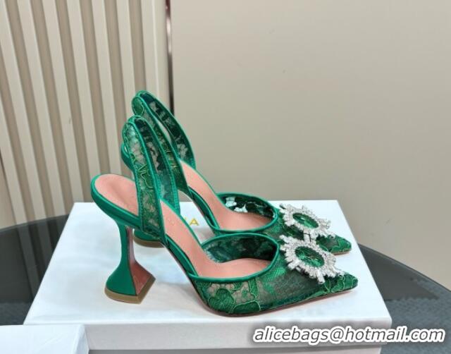 Good Quality Amina Muaddi Begum Embellished Slingback Pumps 9.8 cm in Lace and Strass Buckle Green 0219031