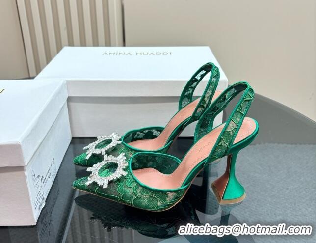 Good Quality Amina Muaddi Begum Embellished Slingback Pumps 9.8 cm in Lace and Strass Buckle Green 0219031