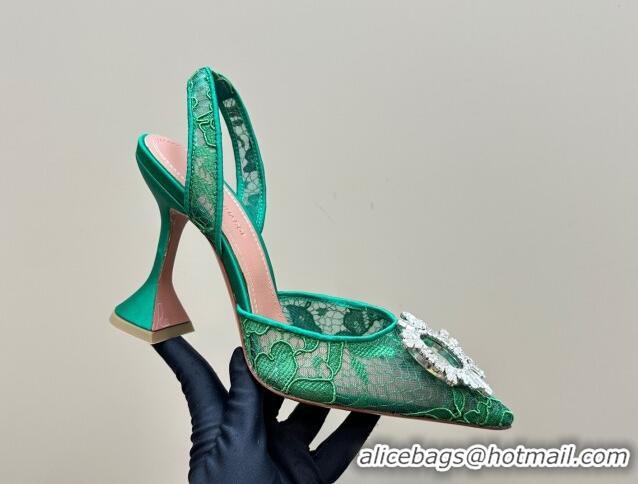 Good Quality Amina Muaddi Begum Embellished Slingback Pumps 9.8 cm in Lace and Strass Buckle Green 0219031