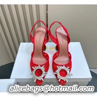 Luxurious Amina Muaddi Begum Embellished Slingback Pumps 9.8 cm in Lace and Strass Buckle Red 0219032