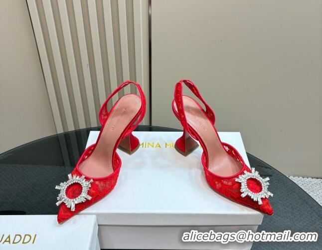 Luxurious Amina Muaddi Begum Embellished Slingback Pumps 9.8 cm in Lace and Strass Buckle Red 0219032