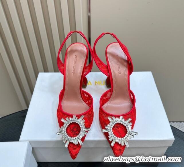 Luxurious Amina Muaddi Begum Embellished Slingback Pumps 9.8 cm in Lace and Strass Buckle Red 0219032