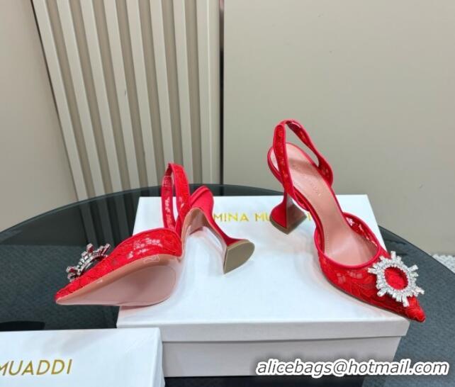 Luxurious Amina Muaddi Begum Embellished Slingback Pumps 9.8 cm in Lace and Strass Buckle Red 0219032