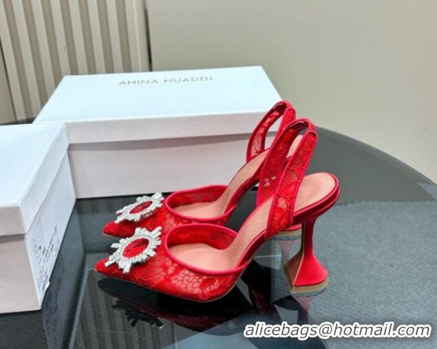 Luxurious Amina Muaddi Begum Embellished Slingback Pumps 9.8 cm in Lace and Strass Buckle Red 0219032