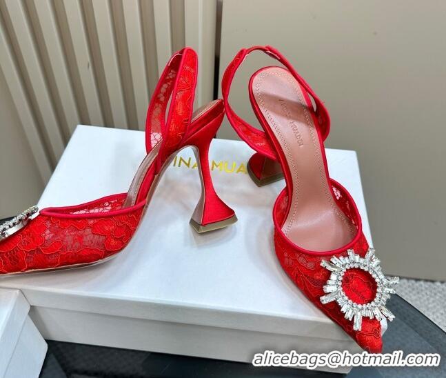 Luxurious Amina Muaddi Begum Embellished Slingback Pumps 9.8 cm in Lace and Strass Buckle Red 0219032