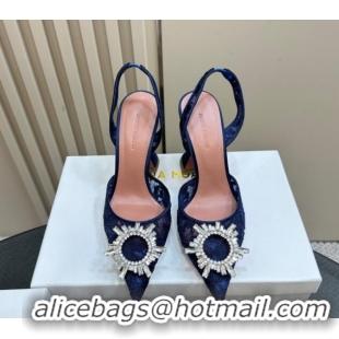 Stylish Amina Muaddi Begum Embellished Slingback Pumps 9.8 cm in Lace and Strass Buckle Dark Blue 0219033