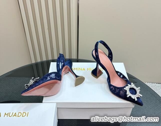 Stylish Amina Muaddi Begum Embellished Slingback Pumps 9.8 cm in Lace and Strass Buckle Dark Blue 0219033