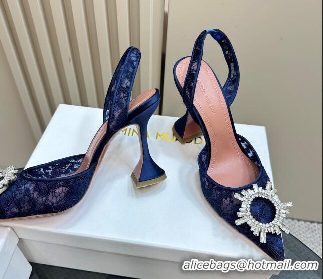 Stylish Amina Muaddi Begum Embellished Slingback Pumps 9.8 cm in Lace and Strass Buckle Dark Blue 0219033