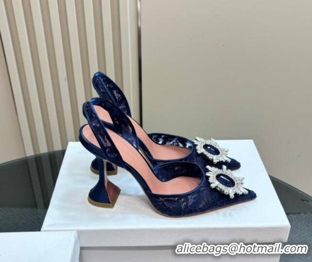 Stylish Amina Muaddi Begum Embellished Slingback Pumps 9.8 cm in Lace and Strass Buckle Dark Blue 0219033