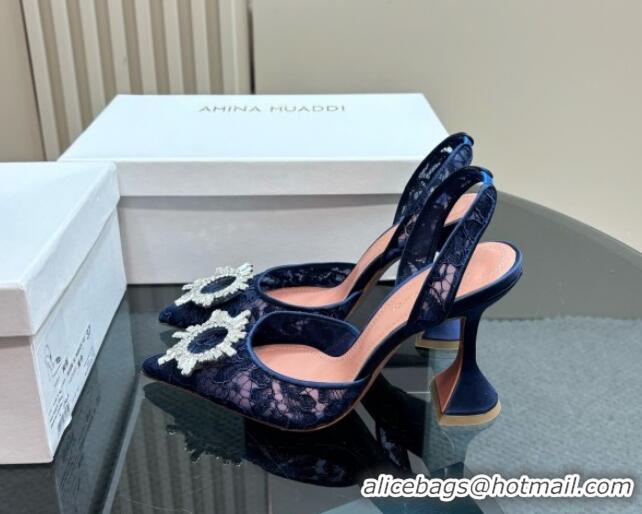 Stylish Amina Muaddi Begum Embellished Slingback Pumps 9.8 cm in Lace and Strass Buckle Dark Blue 0219033