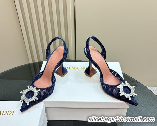 Stylish Amina Muaddi Begum Embellished Slingback Pumps 9.8 cm in Lace and Strass Buckle Dark Blue 0219033