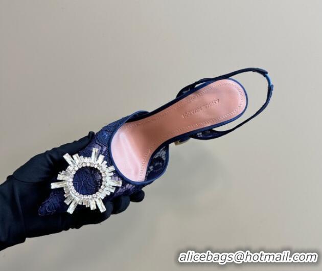 Stylish Amina Muaddi Begum Embellished Slingback Pumps 9.8 cm in Lace and Strass Buckle Dark Blue 0219033