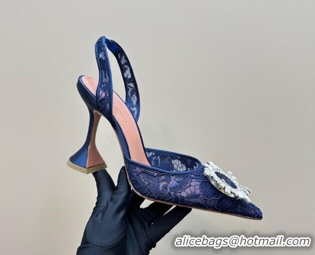 Stylish Amina Muaddi Begum Embellished Slingback Pumps 9.8 cm in Lace and Strass Buckle Dark Blue 0219033