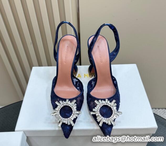 Stylish Amina Muaddi Begum Embellished Slingback Pumps 9.8 cm in Lace and Strass Buckle Dark Blue 0219033