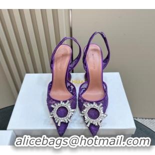 Best Grade Amina Muaddi Begum Embellished Slingback Pumps 9.8 cm in Lace and Strass Buckle Purple 0219034