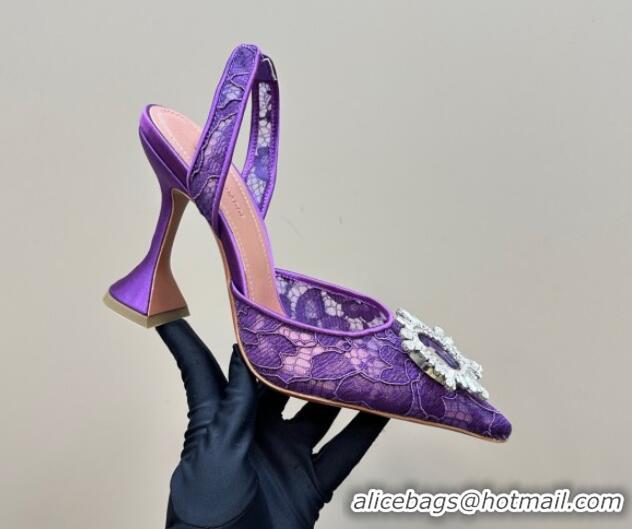 Best Grade Amina Muaddi Begum Embellished Slingback Pumps 9.8 cm in Lace and Strass Buckle Purple 0219034