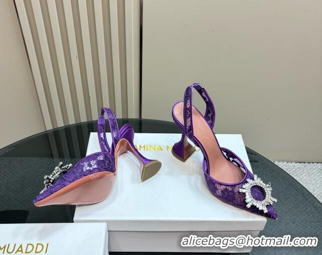 Best Grade Amina Muaddi Begum Embellished Slingback Pumps 9.8 cm in Lace and Strass Buckle Purple 0219034