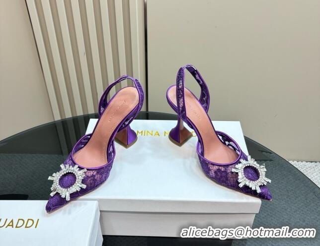 Best Grade Amina Muaddi Begum Embellished Slingback Pumps 9.8 cm in Lace and Strass Buckle Purple 0219034