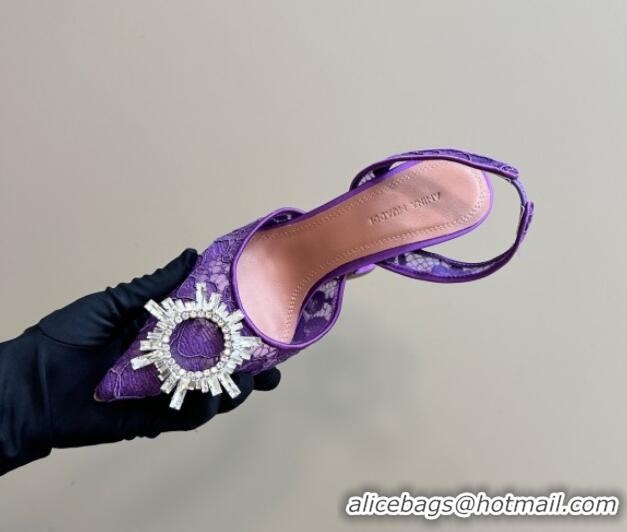 Best Grade Amina Muaddi Begum Embellished Slingback Pumps 9.8 cm in Lace and Strass Buckle Purple 0219034