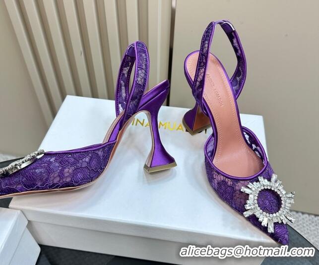 Best Grade Amina Muaddi Begum Embellished Slingback Pumps 9.8 cm in Lace and Strass Buckle Purple 0219034