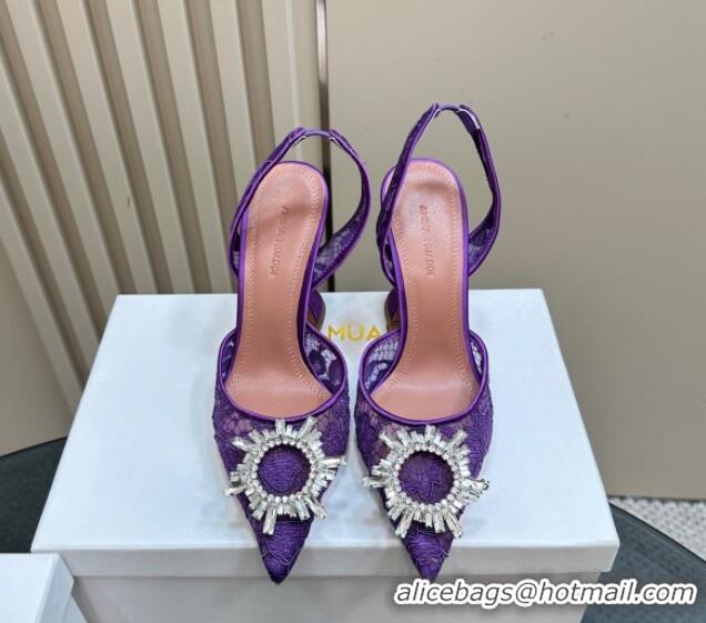 Best Grade Amina Muaddi Begum Embellished Slingback Pumps 9.8 cm in Lace and Strass Buckle Purple 0219034