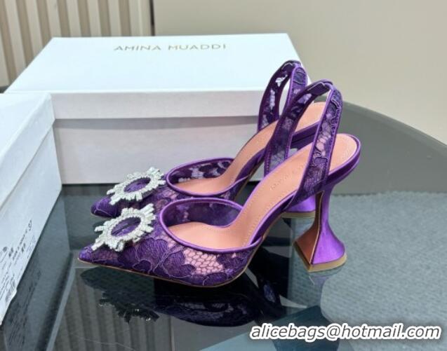 Best Grade Amina Muaddi Begum Embellished Slingback Pumps 9.8 cm in Lace and Strass Buckle Purple 0219034