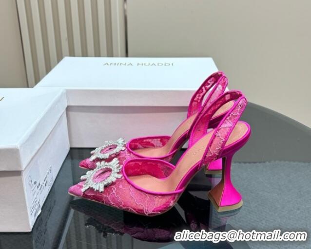 Duplicate Amina Muaddi Begum Embellished Slingback Pumps 9.8 cm in Lace and Strass Buckle Pink 0219035