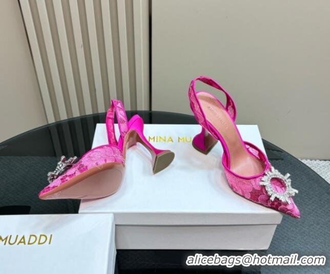 Duplicate Amina Muaddi Begum Embellished Slingback Pumps 9.8 cm in Lace and Strass Buckle Pink 0219035