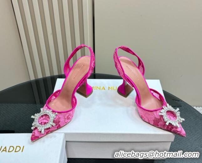 Duplicate Amina Muaddi Begum Embellished Slingback Pumps 9.8 cm in Lace and Strass Buckle Pink 0219035