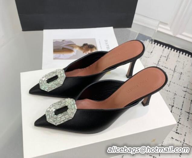 Low Price Amina Muaddi Camelia Strass-Embellished Buckle Point-toe Mules 9cm in Satin Black 0219036