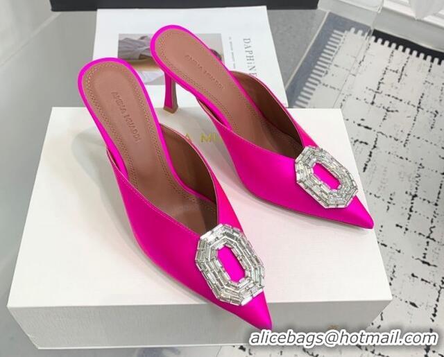 Good Looking Amina Muaddi Camelia Strass-Embellished Buckle Point-toe Mules 9cm in Satin Neon Pink 0219037