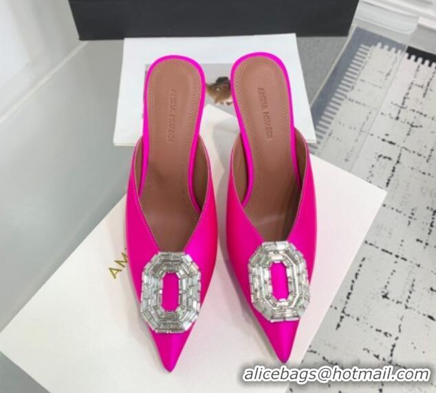 Good Looking Amina Muaddi Camelia Strass-Embellished Buckle Point-toe Mules 9cm in Satin Neon Pink 0219037