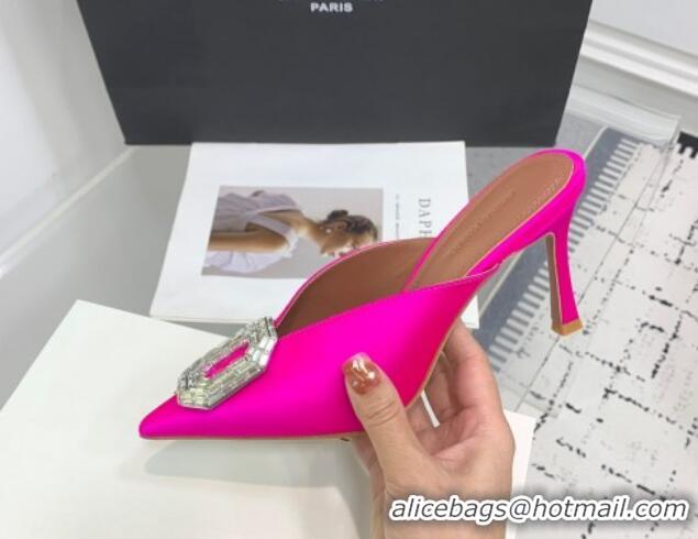 Good Looking Amina Muaddi Camelia Strass-Embellished Buckle Point-toe Mules 9cm in Satin Neon Pink 0219037