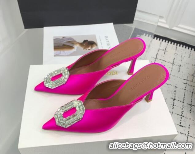 Good Looking Amina Muaddi Camelia Strass-Embellished Buckle Point-toe Mules 9cm in Satin Neon Pink 0219037