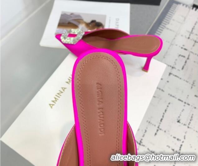 Good Looking Amina Muaddi Camelia Strass-Embellished Buckle Point-toe Mules 9cm in Satin Neon Pink 0219037