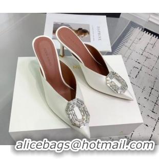 Pretty Style Amina Muaddi Camelia Strass-Embellished Buckle Point-toe Mules 9cm in Satin White 0219038