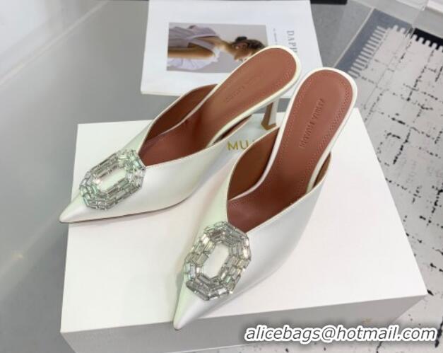 Pretty Style Amina Muaddi Camelia Strass-Embellished Buckle Point-toe Mules 9cm in Satin White 0219038