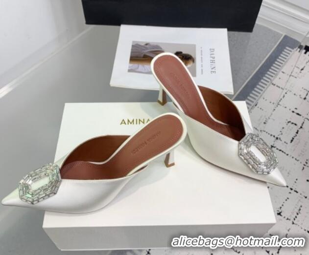 Pretty Style Amina Muaddi Camelia Strass-Embellished Buckle Point-toe Mules 9cm in Satin White 0219038