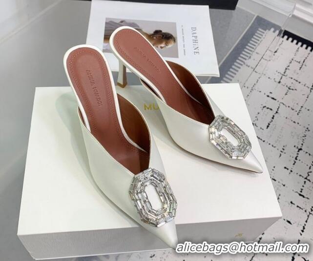 Pretty Style Amina Muaddi Camelia Strass-Embellished Buckle Point-toe Mules 9cm in Satin White 0219038