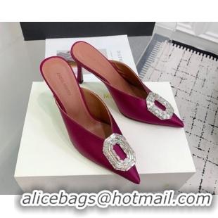 Shop Duplicate Amina Muaddi Camelia Strass-Embellished Buckle Point-toe Mules 9cm in Satin Burgundy 0219039