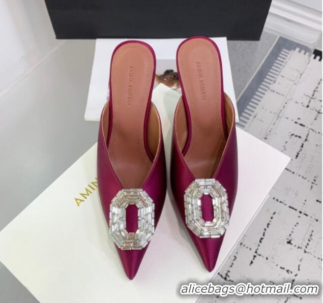 Shop Duplicate Amina Muaddi Camelia Strass-Embellished Buckle Point-toe Mules 9cm in Satin Burgundy 0219039