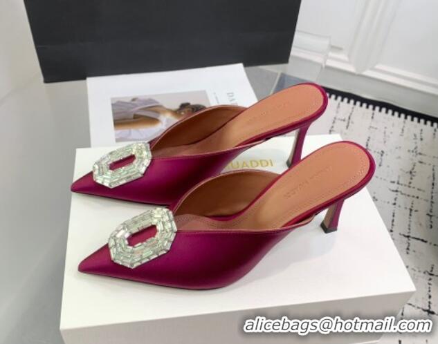 Shop Duplicate Amina Muaddi Camelia Strass-Embellished Buckle Point-toe Mules 9cm in Satin Burgundy 0219039