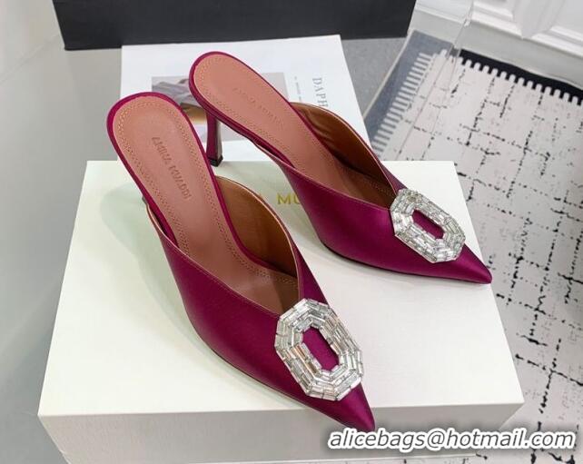 Shop Duplicate Amina Muaddi Camelia Strass-Embellished Buckle Point-toe Mules 9cm in Satin Burgundy 0219039